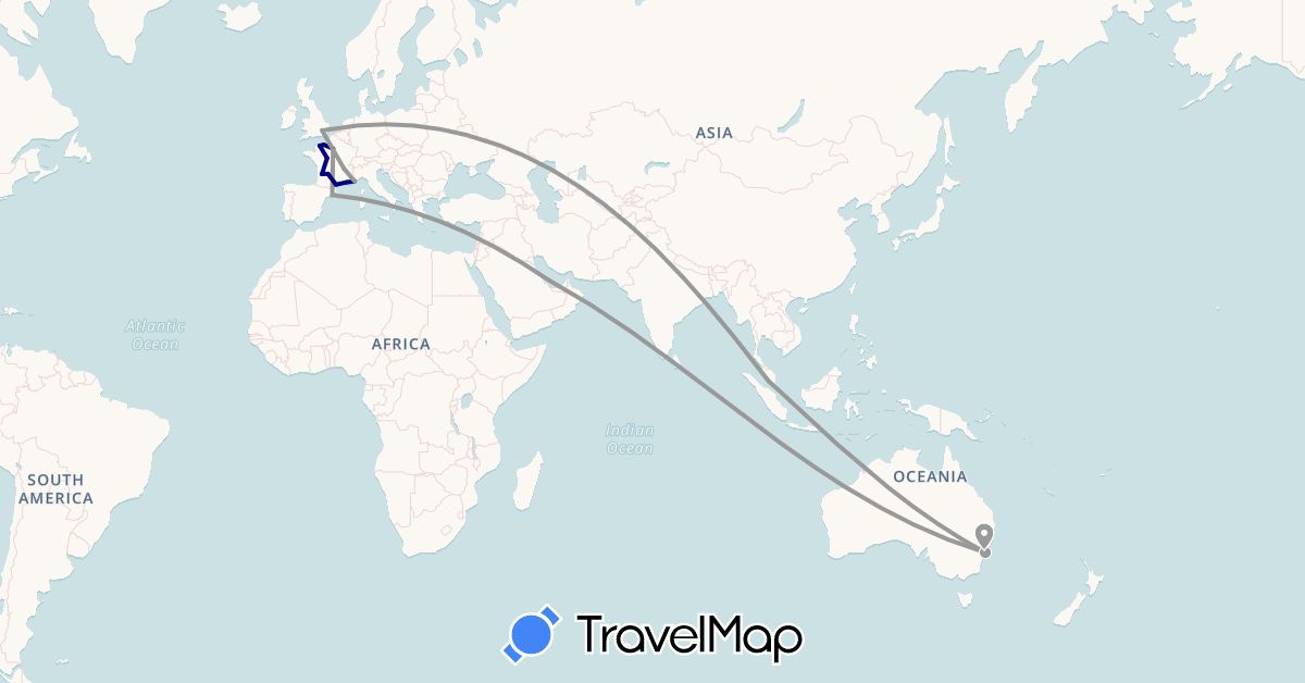 TravelMap itinerary: driving, plane in Australia, Spain, France, United Kingdom, Malaysia, Qatar (Asia, Europe, Oceania)